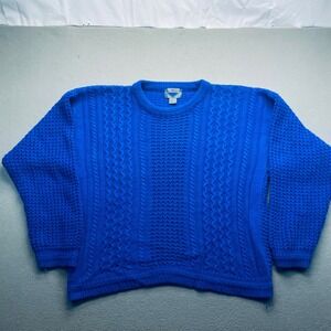 VTG 90s Cotton Chunky Cable Knit Sweater Boxy Fit Cobalt Blue Crewneck XL men